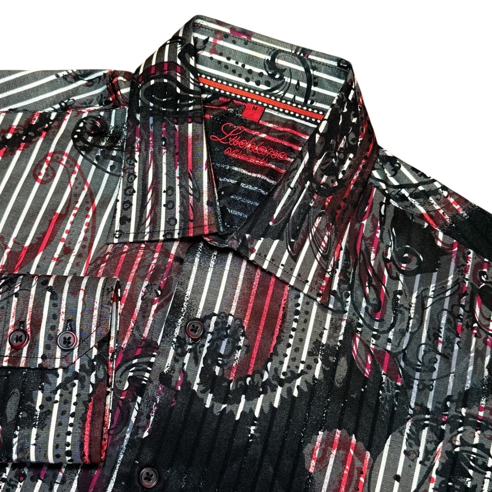 Luchiano Visconti Mens M Red Black Striped Paisley Button Down Shirt Long Sleeve